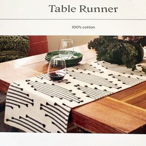 New Threshold Natural Black Striped Table Runner 14" x 108" 100% Cotton